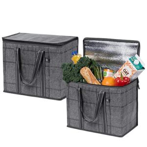 VENO 2 Pack Large Insulated Reusable Grocery Bag w/ Cardboard Bottom, Food Delivery, Heavy Duty, Collapsible (BLK Windowpane)