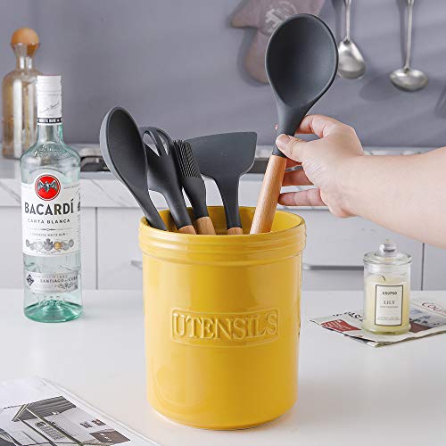 KOOV Cooking Utensil Holder, Large Ceramic Utensil Crock, Deep and Stable, Utensil Caddy for Countertop Letter Series (Yellow) | The Storepaperoomates Retail Market - Fast Affordable Shopping