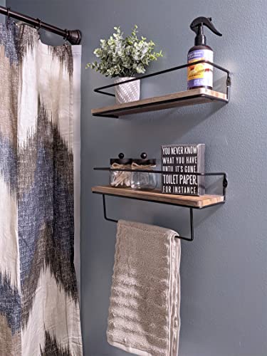 QEEIG Floating Shelves Bathroom Decor – Wall Shelf with Towel Bar Farmhouse 16 inch Set of 2, Rustic Brown (FS636) | The Storepaperoomates Retail Market - Fast Affordable Shopping