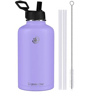 Umite Chef Sports Water Bottle with New Wide Handle Straw Lid, Vacuum Insulated Stainless Steel Thermos Mug, 32 oz Double Walled Wide Mouth Water Bottle ,Leak Proof, Sweat Free (Lavender）