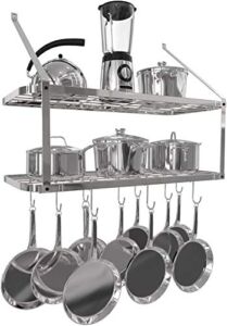 Vdomus Hanging Pot and Pan Rack – Wall Mounted Hanging Pot Rack for Kitchen Storage and Organization – Silver 2-Tier Wall Shelf for Pots and Pans Storage