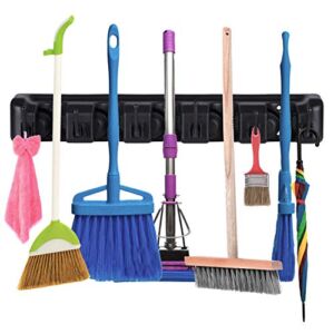 Mop Broom Holder Wall Mounted, Cleaning Tools Rack Hanger with 5 Slots 6 Hooks, Garage Organizer for Closet Kitchen Garden Garage Basement (Black)