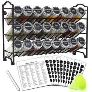 SWOMMOLY Spice Rack Organizer with 24 Empty Round Spice Jars, 396 Spice Labels with Chalk Marker and Funnel Complete Set, Spice Rack for Cabinet, Countertop or Wall Mount, Black
