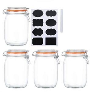 Encheng 32 oz Glass Jars With Airtight Lids And Leak Proof Rubber Gasket,Wide Mouth Mason Jars With Hinged Lids For Kitchen Canisters 1000ml, Glass Storage Containers 4 Pack …