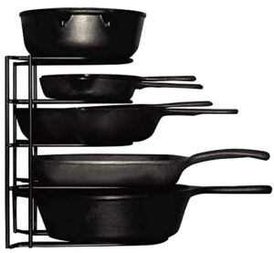 Heavy Duty Pots and Pans Organizer – For Cast Iron Skillets, Pots, Frying Pans, Lids | 5-Tier Durable Steel Rack for Kitchen Counter & Cabinet Storage and Organization – No Assembly Required [Black]