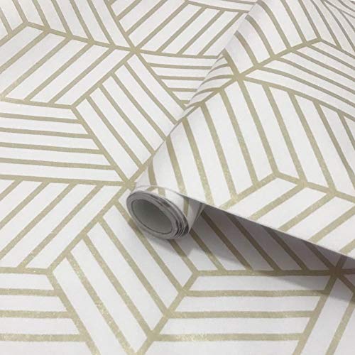 White and Gold Geometry Stripped Hexagon Peel and Stick Contact Paper self Adhesive Wallpaper Removable Vinyl Film Decorative Shelf Drawer Liner Sticker 118 inch x17.7 inch | The Storepaperoomates Retail Market - Fast Affordable Shopping