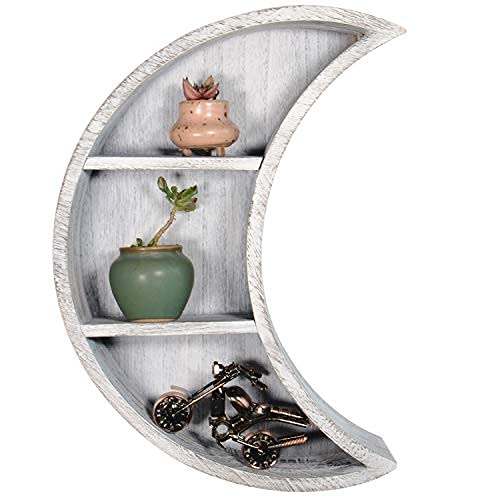 NumBell Wall-Mounted Moon Shelf – Wood Crescent Wall Hanging décor for Bedroom, Living Room, Kitchen, Bathroom –Essential Oil Display Bohemian Home Rustic White Floating Shelves | The Storepaperoomates Retail Market - Fast Affordable Shopping