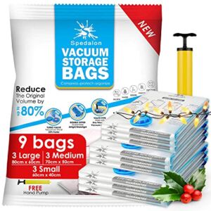 Spedalon Vacuum Space Saver Bags – 9 Pack (3 Large, 3 Medium, 3 Small) Packing Bags for Moving | Sealer Vacuum Storage Bags for Clothes, Blanket, Comforter, Bedding, Pillow, Mattress with Hand Pump