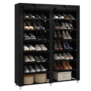 JIUYOTREE 7-Tier Shoe Rack with Dustproof Cover Shoe Storage Organizer Closet Shoe Cabinet Shelf Hold up to 28 Pairs of Shoes for Doorway Corridor Balcony Living Room Black