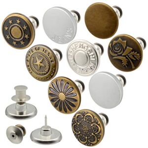 Jean Buttons Pins, 9 Pcs Adjustable Pants Button Tightener, 17mm No Sew Metal Instant Buttons Replacement to Size Down Waist (Silver/Bronze)