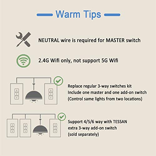 3 Way WiFi Smart Dimmer Switch, TESSAN Three Way Dimmable Light Switch, 2 Master and 2 Add on Slave Dimmer, Work with Alexa, Google Home, Smart Life App, Neutral Wire Required, Schedule Timer Dimmers | The Storepaperoomates Retail Market - Fast Affordable Shopping