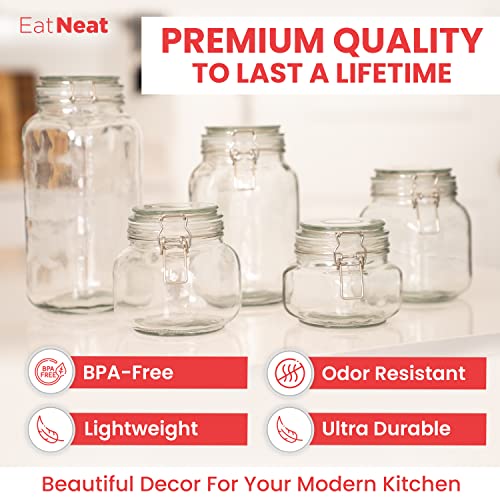EatNeat 5-Piece Airtight Glass Kitchen Canisters with Glass Lids – Set of 5 Mason Jars for Food Storage, Organization, and Canning – Food Storage Containers that Hold 68, 51, 34, 27, and 17 Ounces | The Storepaperoomates Retail Market - Fast Affordable Shopping