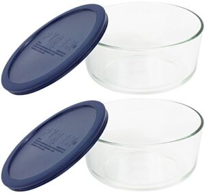 Pyrex Storage 4-Cup Round Dish with Dark Blue Plastic Cover, Clear (Pack of 2 Containers)