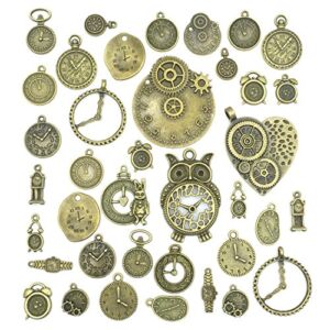 JIALEEY Antiqued Bronze Clock Face Charm Pendant, Wholesale Bulk Lots Mixed Gears Steampunk Charms Pendants DIY for Necklace Bracelet Jewelry Making and Crafting, 100g(38PCS)