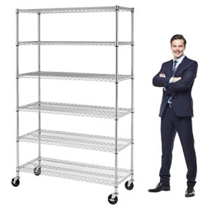 6000lbs Capacity Storage Shelves Heavy Duty Shelving Unit 6 Tier Metal Shelving with Wheels and Adjustable Feets NSF Wire Shelving for Closet Pantry Garage 48 x 18 x 72 Inches Wire Rack, Chrome