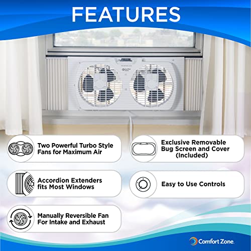 Comfort Zone CZ319WT 9″ Twin Window Fan with Reversible Airflow Control, Auto-Locking Expanders and 2-Speed Fan Switch, White | The Storepaperoomates Retail Market - Fast Affordable Shopping