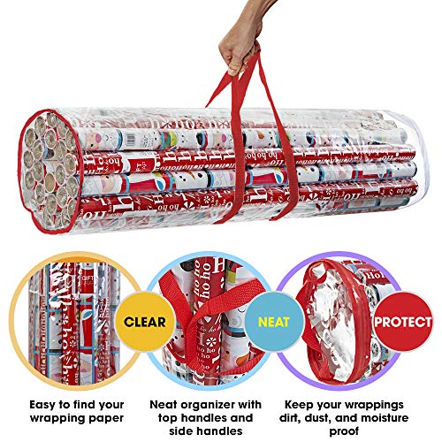 ProPik Christmas Gift Wrap Storage Bag, Clear Organizer Fits Up to 24 Rolls 40 Inch, Heavy Duty PVC Bag with Handles and Zippered Top for Wrapping Paper and Ribbons (Red trimming) | The Storepaperoomates Retail Market - Fast Affordable Shopping