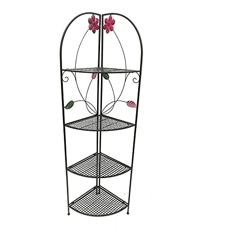 Benjara , Black Four Shelf Metal Foldable Corner Rack with Flower Accents | The Storepaperoomates Retail Market - Fast Affordable Shopping