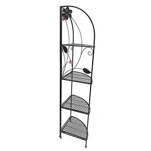 Benjara , Black Four Shelf Metal Foldable Corner Rack with Flower Accents | The Storepaperoomates Retail Market - Fast Affordable Shopping