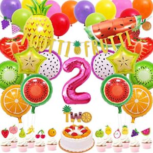 71 Packs Tutti Frutti Party Decorations Set Twotti Frutti Glitter Banner/Cake Topper Fruit Cupcake Toppers Mylar Balloons for Twotti Fruity Second Birthday Party