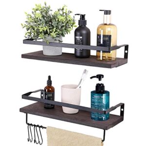 Floating Shelves Wall Mounted, 2 Pack Decorative Storage Shelves with Removable Towel Holder and 5 Extra Hooks, Storage Shelves Organizer for Kitchen, Bathroom, Living Room and Bedroom, Gift for Mom