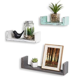 MyGift Rustic Wood U Shaped Floating Shelves – Wall Mounted Office, Kitchen, Living Room Display Shelf, Set of 3, Multicolored