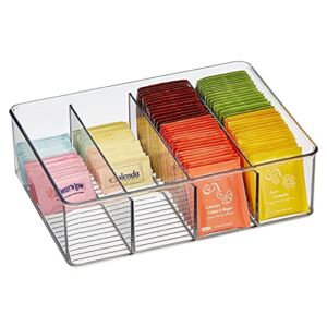 mDesign Plastic Stackable Tea Bag Storage Organizer Bin with 4 Divided Compartments – Holder for Kitchen Cabinet, Pantry, Countertop – Holds Sugar Packets, Coffee Pods, Ligne Collection, Clear