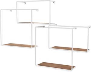 KAO Mart Wall Mounted Rustic Iron and Wood Intersecting Unique Floating Shelves Wood (4, White)