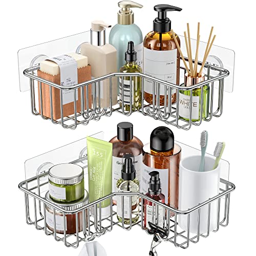 SMARTAKE Corner Shower Caddy Shower Shelf 2 Pack Adhesive Shower Rack with Hooks, SUS 304 Stainless Steel Shower Organizer for Bathroom Toilet Kitchen, Shower Storage for 90° Wall (Silver) | The Storepaperoomates Retail Market - Fast Affordable Shopping
