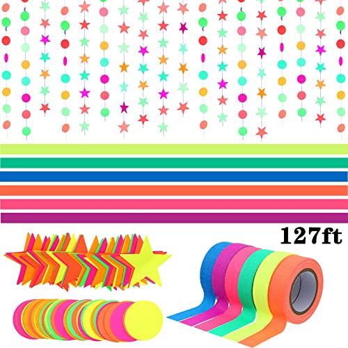 127ft Neon Party Supplies Set, 6 Colors 98.4ft UV Blacklight Reactive Tape, 29ft Neon Paper Garlands Circle Dots Stars Hanging Decorations for Birthday Wedding Glow Party Decorations | The Storepaperoomates Retail Market - Fast Affordable Shopping
