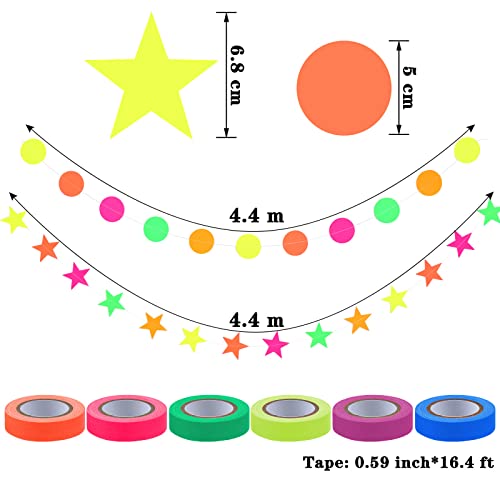 127ft Neon Party Supplies Set, 6 Colors 98.4ft UV Blacklight Reactive Tape, 29ft Neon Paper Garlands Circle Dots Stars Hanging Decorations for Birthday Wedding Glow Party Decorations | The Storepaperoomates Retail Market - Fast Affordable Shopping