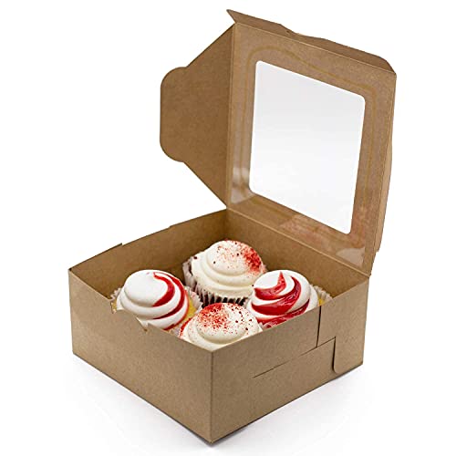 35 Pack Cupcake Boxes With Inserts Holder & Window – Holds 4 Cupcakes – Includes Ribbon, Twine, & Stickers – 6.3” x 6.3” x 3” Brown Food Grade Kraft Box for Pastry, Cookie, Muffins, & Cupcakes | The Storepaperoomates Retail Market - Fast Affordable Shopping