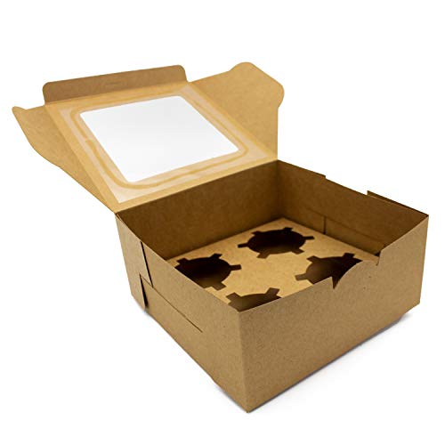 35 Pack Cupcake Boxes With Inserts Holder & Window – Holds 4 Cupcakes – Includes Ribbon, Twine, & Stickers – 6.3” x 6.3” x 3” Brown Food Grade Kraft Box for Pastry, Cookie, Muffins, & Cupcakes | The Storepaperoomates Retail Market - Fast Affordable Shopping