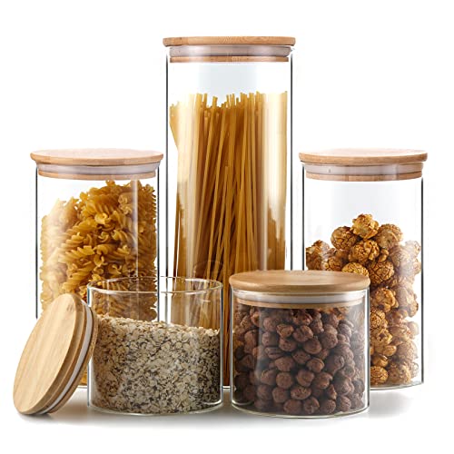 Glass Storage Jars [Set of 5] ,Clear Glass Food Storage Containers with Airtight Bamboo Lid Stackable Kitchen Canisters for Candy,Cookie,Rice,Sugar,Flour,Pasta,Nuts and Spice Jars | The Storepaperoomates Retail Market - Fast Affordable Shopping