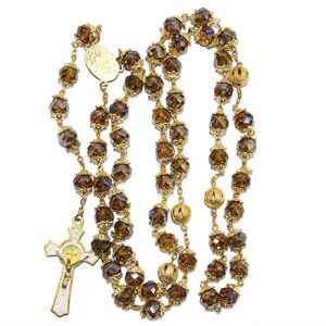 Rosary Beads Brown Crystals St Benedict Gold Plated Medal Catholic