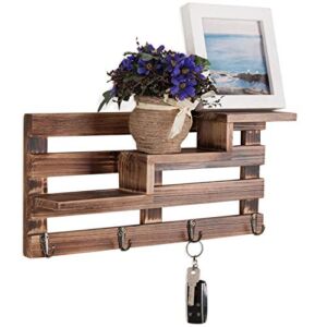 MyGift Wall Mounted Rustic Burnt Wood Key Rack Organizer with Tiered Floating Display Shelves