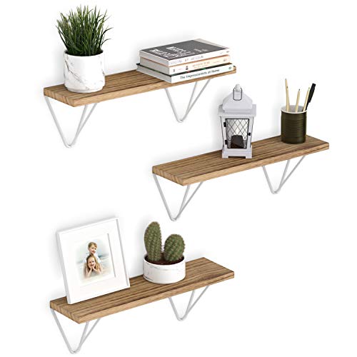 Wallniture Colmar Floating Shelves for Wall, Storage Shelves for Living Room Decor, Natural Burned Set of 3 with White Shelf Brackets | The Storepaperoomates Retail Market - Fast Affordable Shopping