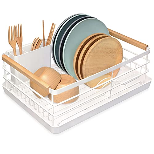 BRIAN & DANY Dish Drying Rack, Stainless Steel Dish Drainer for Kitchen Supplies Storage, Wooden Handle, Removable Plastic & Cutlery Tray, White | The Storepaperoomates Retail Market - Fast Affordable Shopping