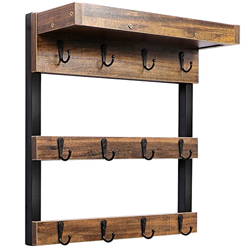 OROPY Coffee Mug Rack Wall Mounted, Rustic Wood Cups Rack with 12 Hooks and Storage Shelf, for Home Kitchen Display and Collection (Rustic Brown) | The Storepaperoomates Retail Market - Fast Affordable Shopping