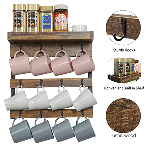 OROPY Coffee Mug Rack Wall Mounted, Rustic Wood Cups Rack with 12 Hooks and Storage Shelf, for Home Kitchen Display and Collection (Rustic Brown) | The Storepaperoomates Retail Market - Fast Affordable Shopping
