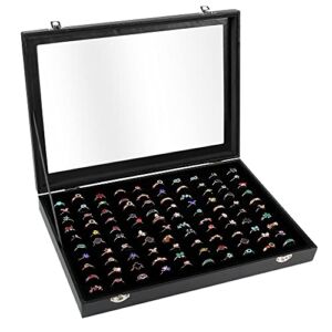 Bivisen Ring Display Case Organizer Box with Transparent Lid, 100 Slots Ring Storage Display Box Case Tray Holder PU Leather Black