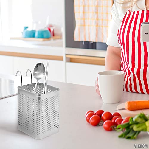 Stainless Steel Utensil Holder for Kitchen Counter – Perforated Kitchen Utensil Holder for Countertop Chopstick Spoon Spatula Holder Dryer Rack with Hooks – Utensil Caddy for Cooking Utensils Holder | The Storepaperoomates Retail Market - Fast Affordable Shopping