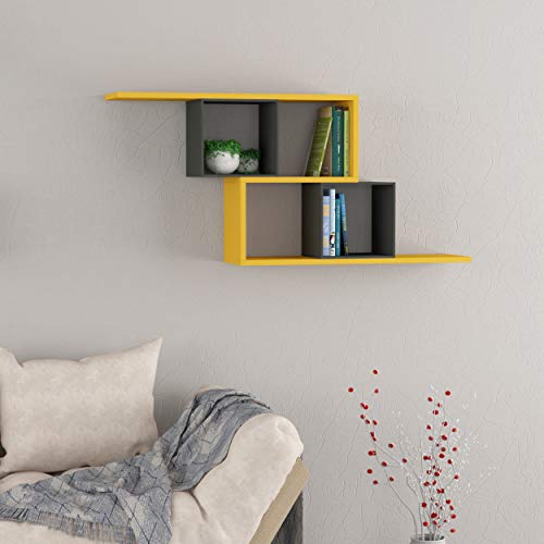 Ada Home Decor Walost Modern Anthracite & Mustard Wall Shelf 21.65” H x 49.21” W x 8.66” D / Wall Storage / Shelving Unit | The Storepaperoomates Retail Market - Fast Affordable Shopping