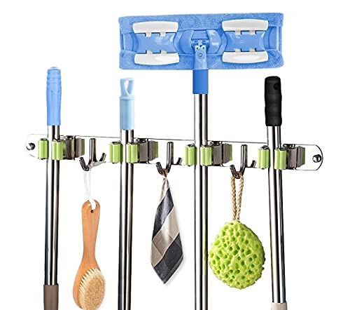 Broom Mop Holder Wall Mount Stainless Steel Tool Hanger Organizer and Storage for Home, Kitchen, Garden, Garage, 4 Racks 3 Hooks (Green) | The Storepaperoomates Retail Market - Fast Affordable Shopping