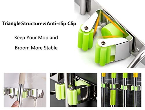 Broom Mop Holder Wall Mount Stainless Steel Tool Hanger Organizer and Storage for Home, Kitchen, Garden, Garage, 4 Racks 3 Hooks (Green) | The Storepaperoomates Retail Market - Fast Affordable Shopping