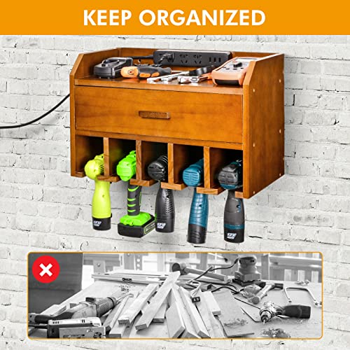 Power Tool Organizer Storage – Garage Organizer Drill Charging Station – Wooden Cordless Drill Holder Rack Wall Mount with Drawer(Brown) | The Storepaperoomates Retail Market - Fast Affordable Shopping