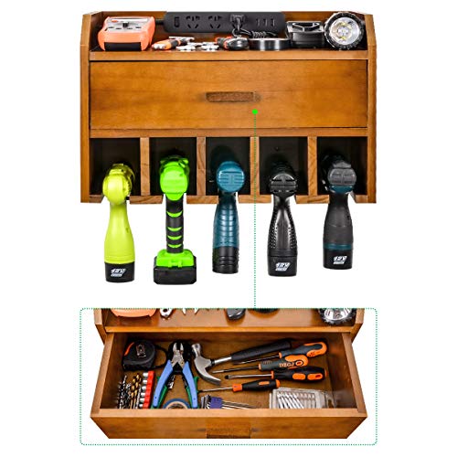 Power Tool Organizer Storage – Garage Organizer Drill Charging Station – Wooden Cordless Drill Holder Rack Wall Mount with Drawer(Brown) | The Storepaperoomates Retail Market - Fast Affordable Shopping