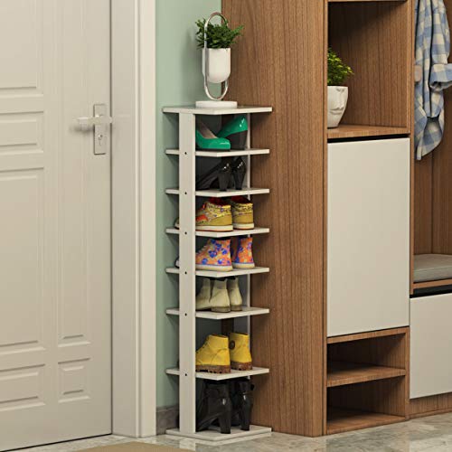Tangkula 7 Tiers Vertical Shoe Rack, Entryway Narrow Slim Wooden Shoes Racks, Skinny Shoe Rack Organizer, Space Saving Shoes Storage Stand for Front Door (White, Single) | The Storepaperoomates Retail Market - Fast Affordable Shopping