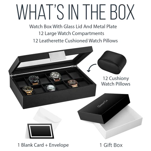 Glenor Co Watch Box for Men – 12 Slot Luxurious & Masculine Carbon Fiber Textured Watch Case, Sturdy Hinges, Large Watch Holder, Glass Top Watch Organizer for Men – Metal Accents – Black | The Storepaperoomates Retail Market - Fast Affordable Shopping