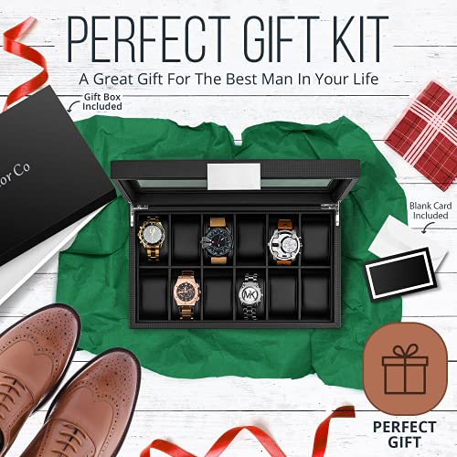 Glenor Co Watch Box for Men – 12 Slot Luxurious & Masculine Carbon Fiber Textured Watch Case, Sturdy Hinges, Large Watch Holder, Glass Top Watch Organizer for Men – Metal Accents – Black | The Storepaperoomates Retail Market - Fast Affordable Shopping